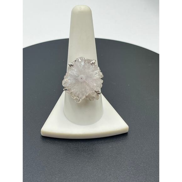 Natural Raw Rose Quartz Stalactites Slice 925 Prong Sterling Silver Ring 9.25 - Picture 2 of 11